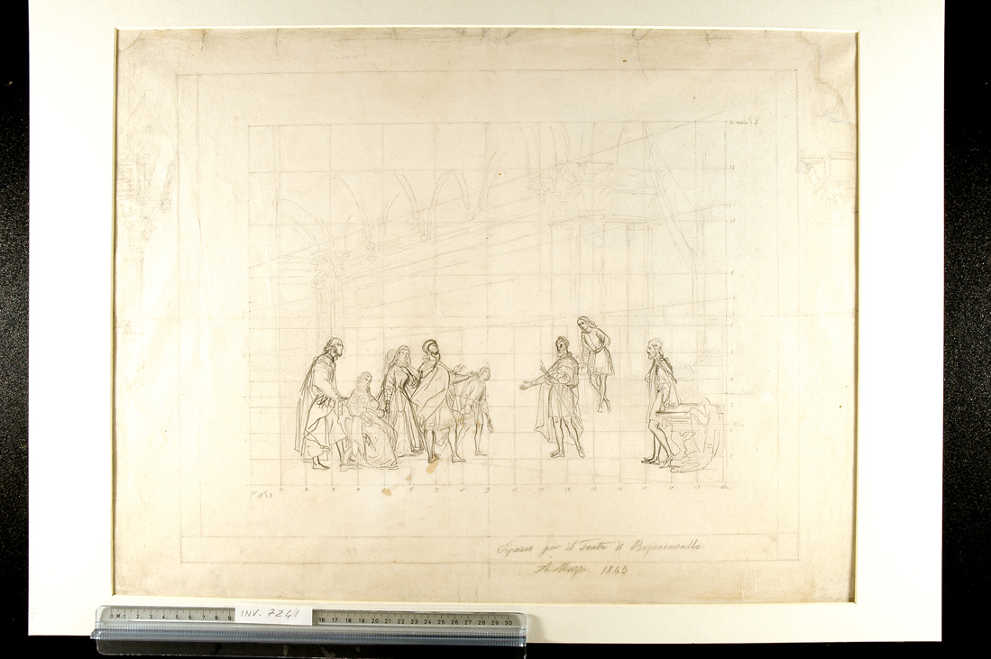 Camillo Gozzadini presenta il giovane Girolamo da Treviso a Bartolomeo Ramenghi/ Il Ditirambo di Redi, disegno con scena di presentazione/ abbozzo di scena di torneo (disegno preparatorio) di Muzzi Antonio (sec. XIX)