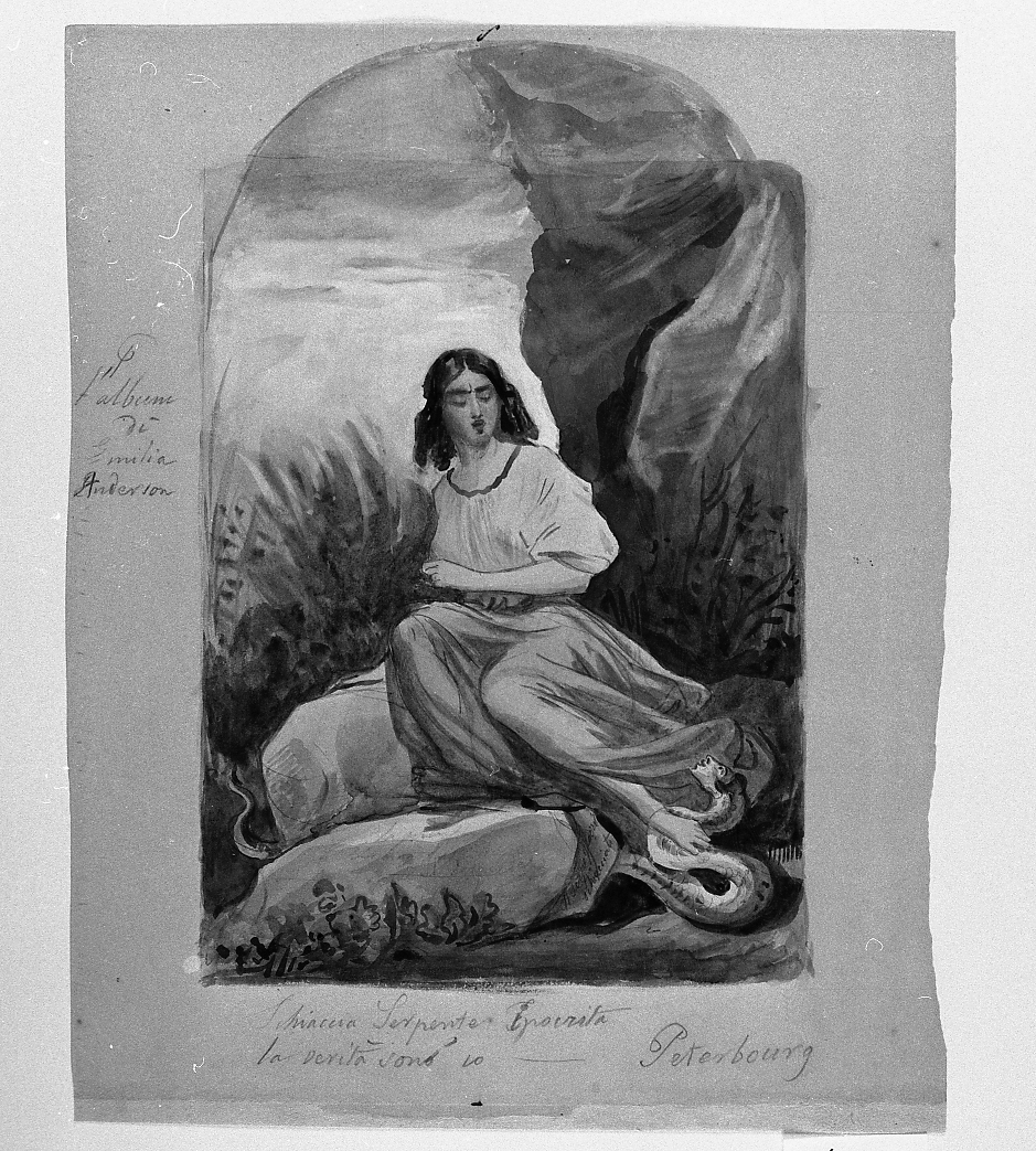 allegoria di donna che schiaccia un serpente (disegno) di Muzzi Antonio (sec. XIX)