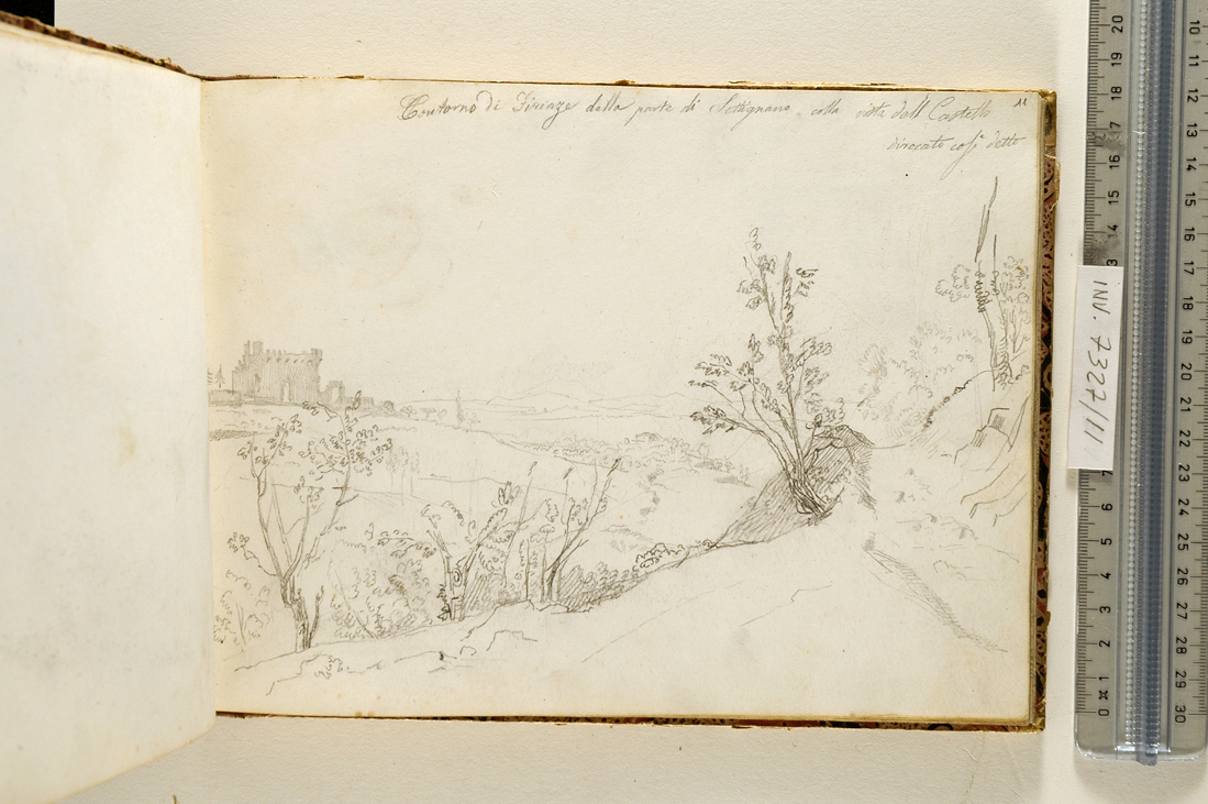 paesaggio collinare a Settignano presso Firenze (disegno, elemento d'insieme) di Muzzi Antonio (sec. XIX)