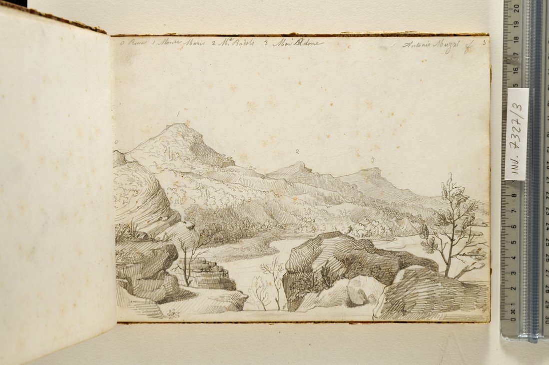 paesaggio montano dell'appennino bolognese (disegno, elemento d'insieme) di Muzzi Antonio (sec. XIX)