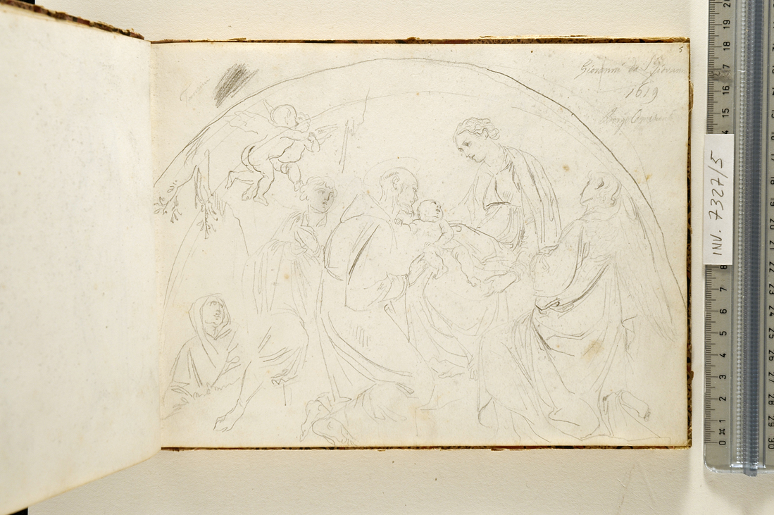 Madonna con Bambino, San Francesco d'Assisi e santi (disegno, elemento d'insieme) di Muzzi Antonio (sec. XIX)