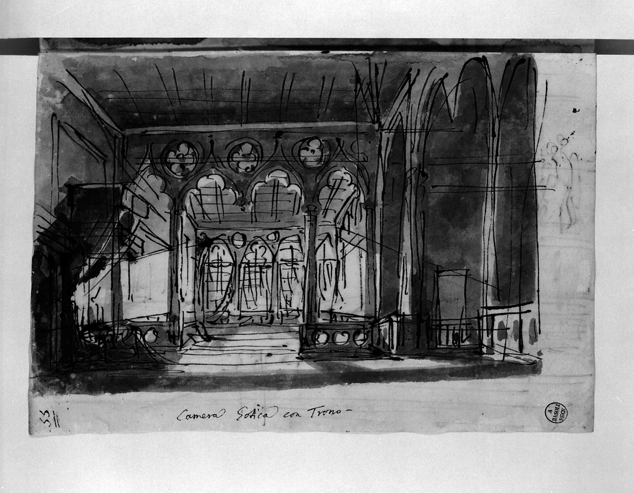 camera gotica con trono, architetture (disegno, elemento d'insieme) di Basoli Antonio (sec. XIX)