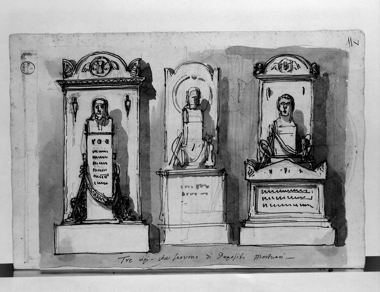 tre cipi che servono di seposito mortuario, monumento sepolcrale (disegno, elemento d'insieme) di Basoli Antonio (sec. XIX)