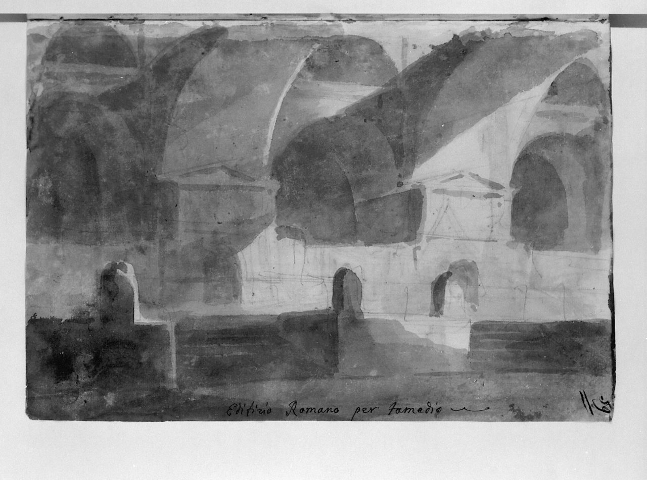 edifizio romano per famedio, famedio (disegno, elemento d'insieme) di Basoli Antonio (inizio sec. XIX)
