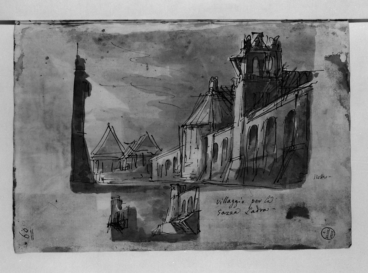 villaggio per la Gazza Ladra; notte, architetture (disegno, elemento d'insieme) di Basoli Antonio (sec. XIX)
