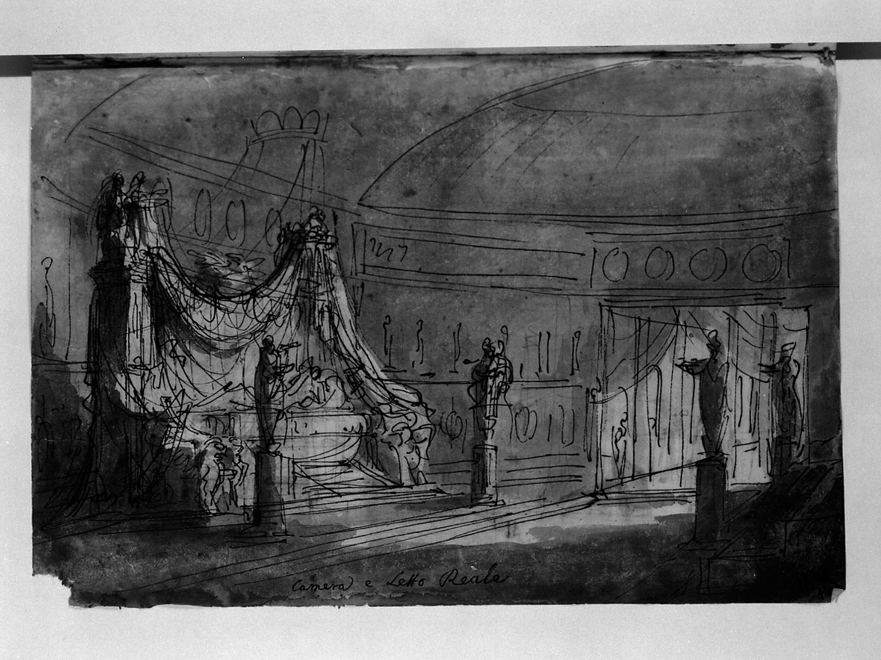 camera e letto reale, interno con letto (disegno, elemento d'insieme) di Basoli Antonio (sec. XIX)