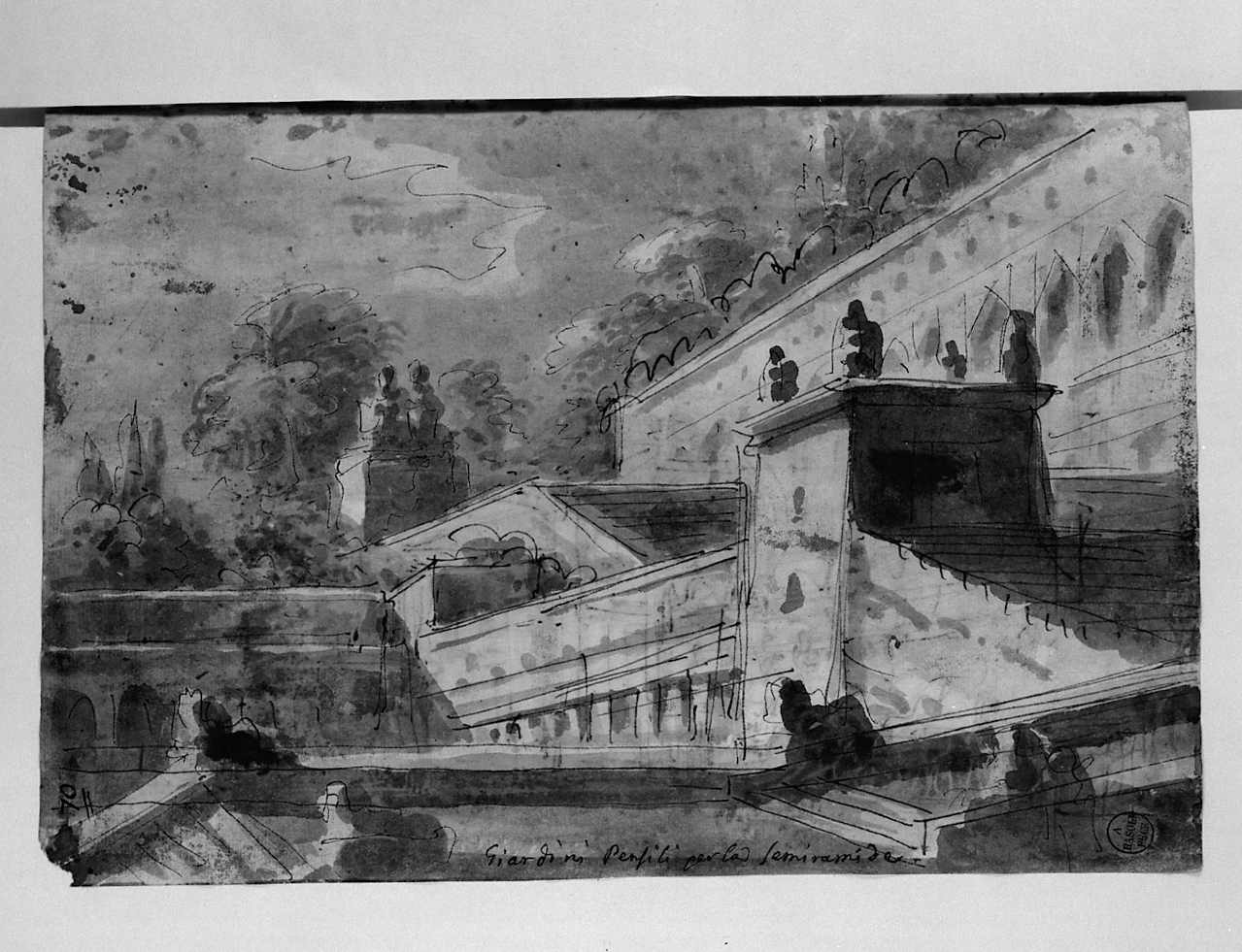 giardini pensili per la Semiramide, paesaggio con architetture (disegno, elemento d'insieme) di Basoli Antonio (sec. XIX)