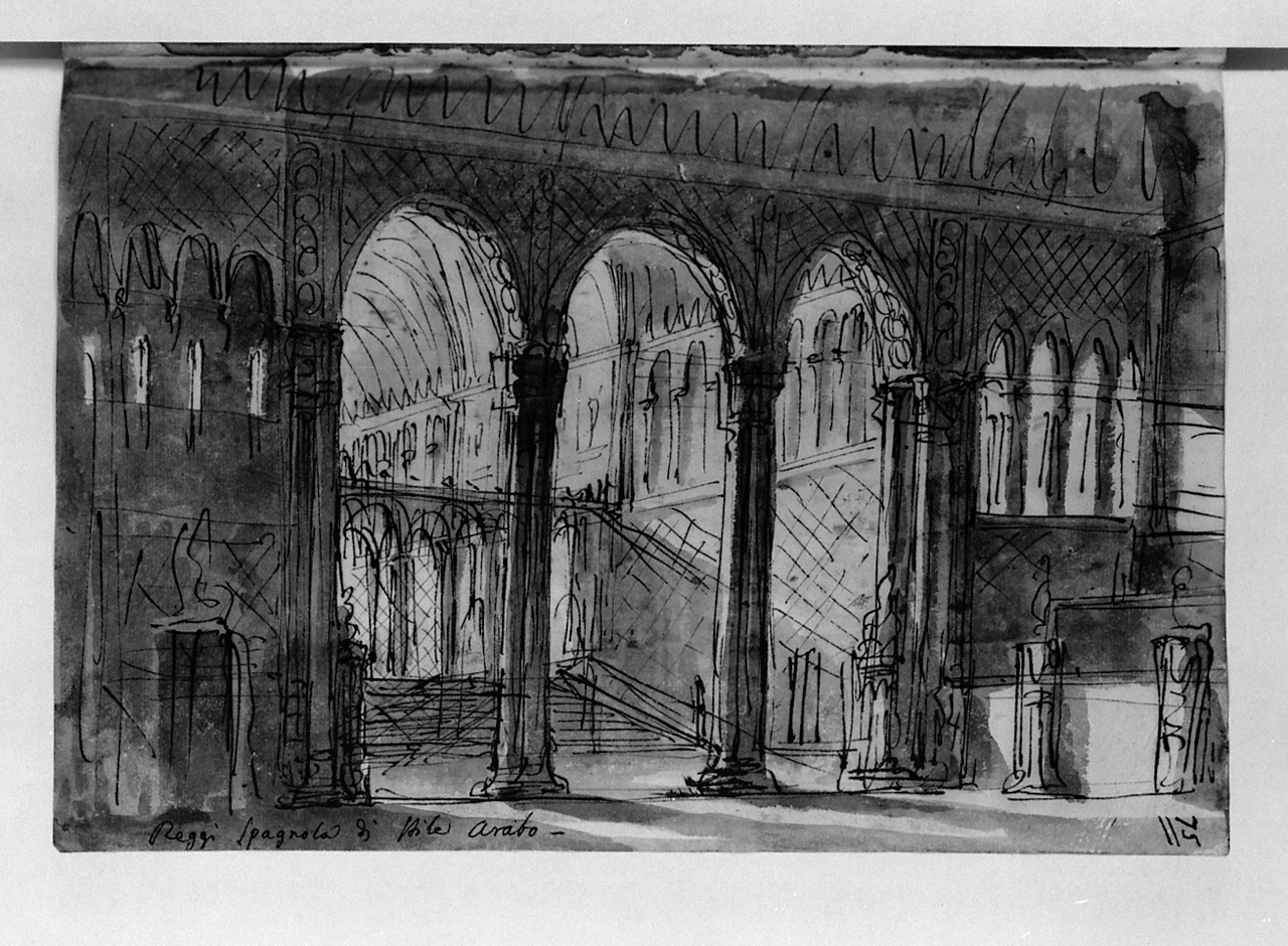 reggia spagnola di stile arabo, interno di reggia (disegno, elemento d'insieme) di Basoli Antonio (sec. XIX)