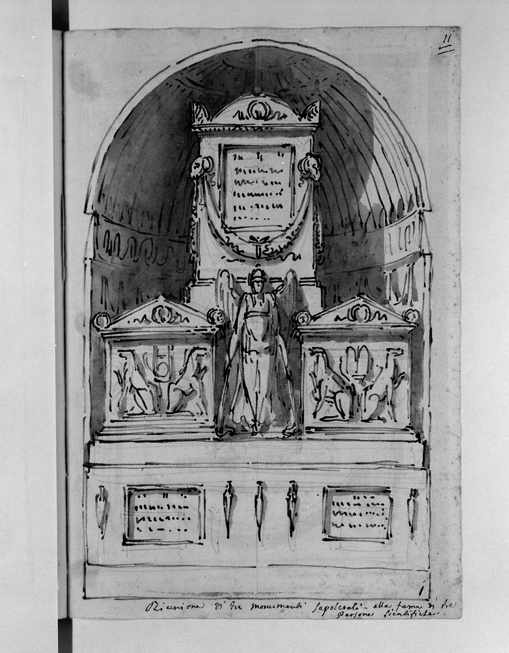 riunione di tre monumenti sepolcrali alla fama di tre persone scientifiche, monumento sepolcrale (disegno, elemento d'insieme) di Basoli Antonio (sec. XIX)