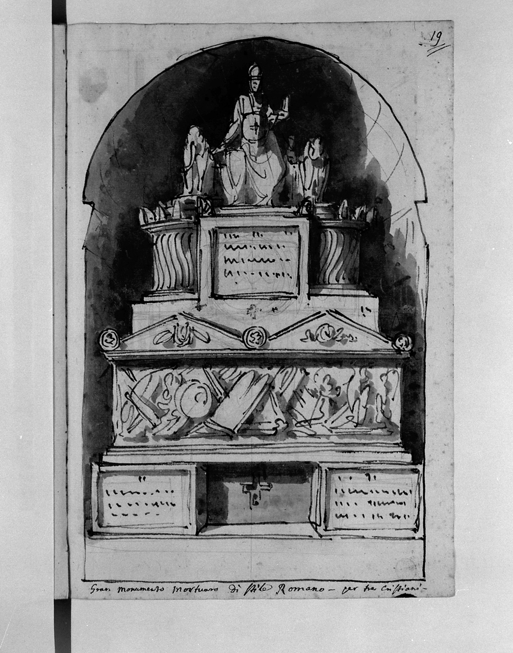 gran monumento mortuario di stile romano per tre cristiani, monumento sepolcrale (disegno, elemento d'insieme) di Basoli Antonio (sec. XIX)