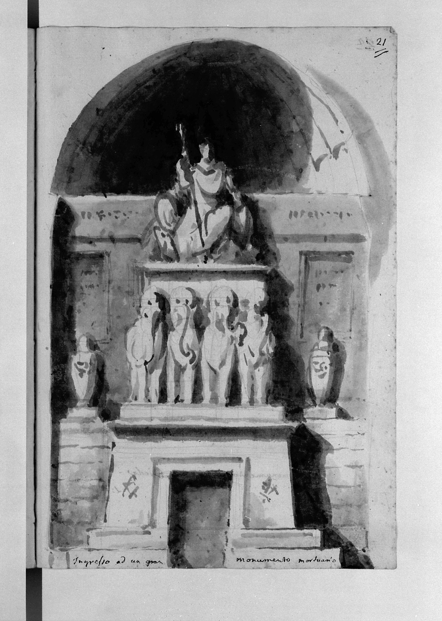 ingresso ad un gran monumento mortuario, monumento sepolcrale (disegno, elemento d'insieme) di Basoli Antonio (sec. XIX)