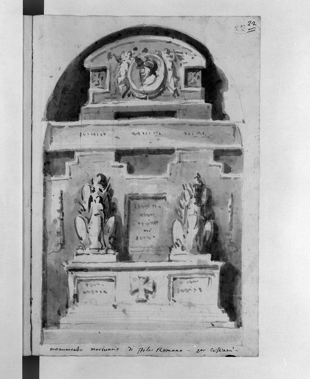 monumento mortuario di stile romano per cristiani, monumento sepolcrale (disegno, elemento d'insieme) di Basoli Antonio (sec. XIX)