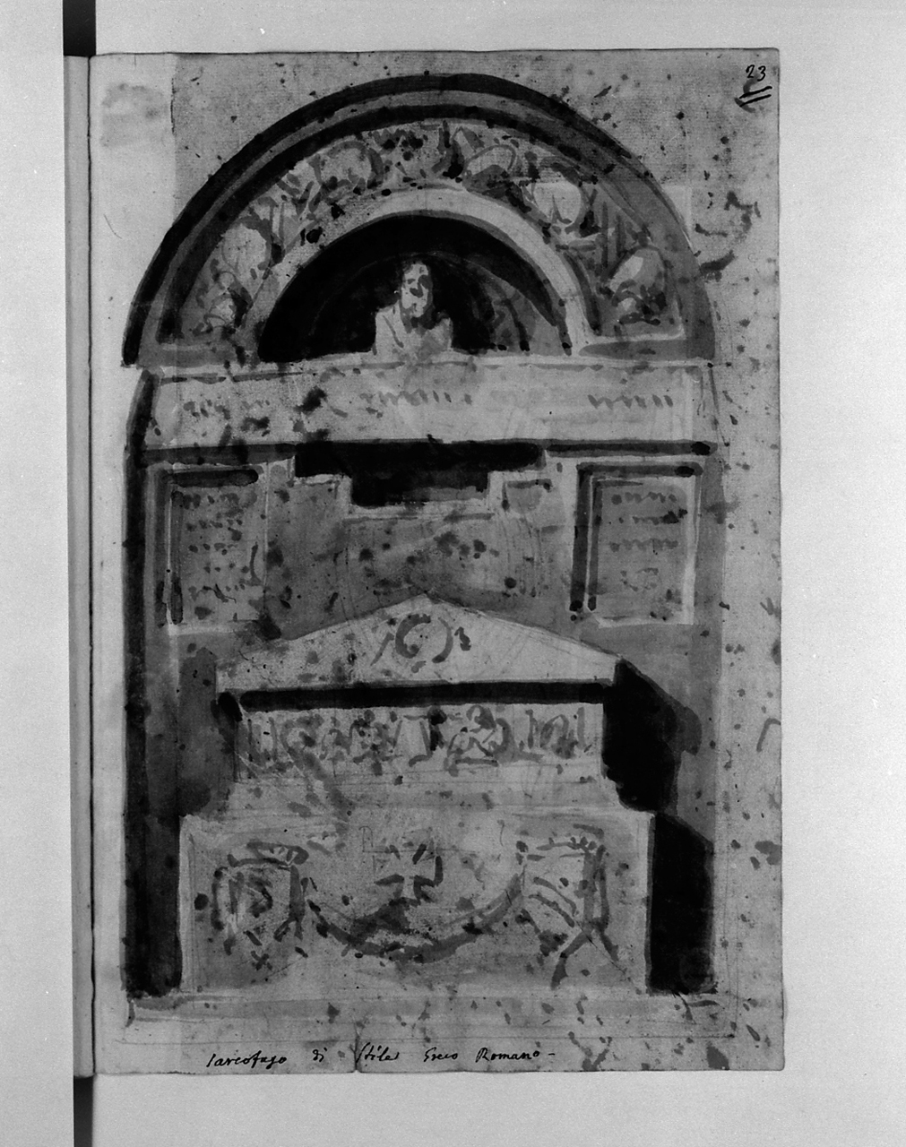 sarcofago di stile greco romano, monumento sepolcrale (disegno, elemento d'insieme) di Basoli Antonio (sec. XIX)