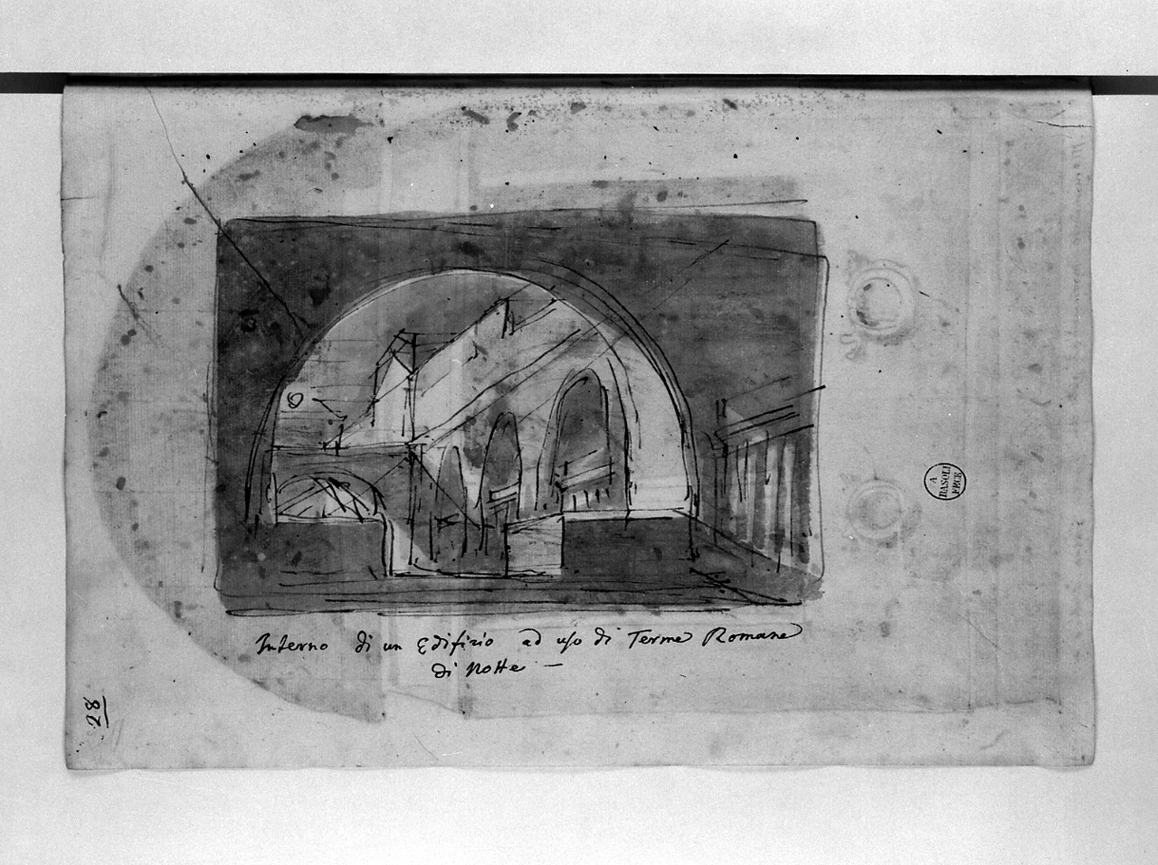 interno di un edifizio ad uso di terme romane di notte, architetture (disegno, elemento d'insieme) di Basoli Antonio (sec. XIX)