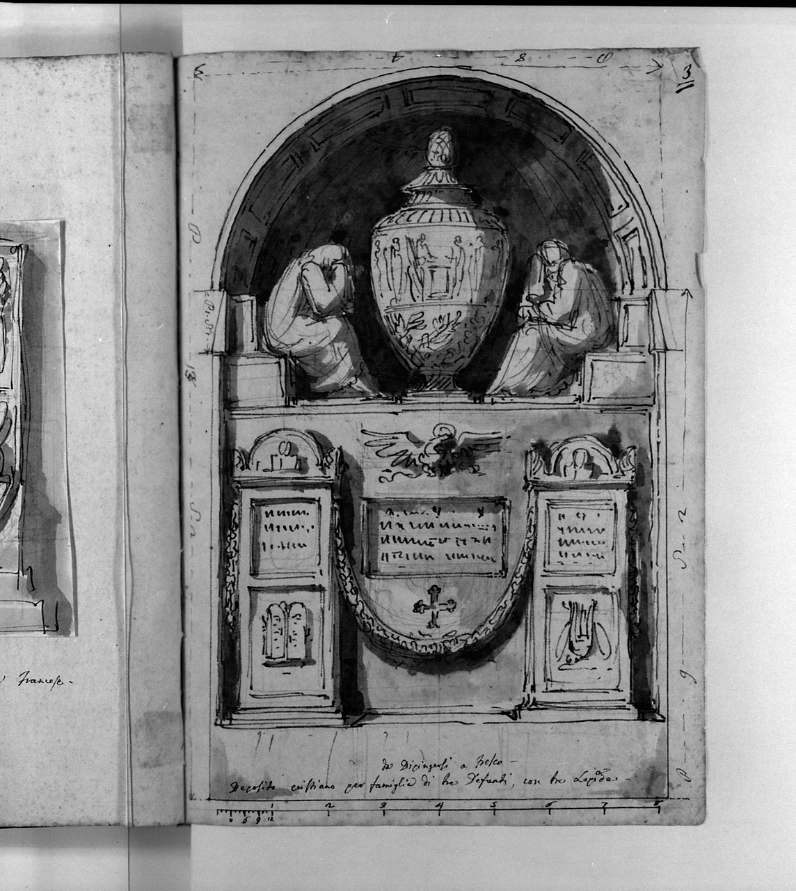 deposito cristiano per famiglia di tre defunti con tre lapidi, monumento sepolcrale (disegno, elemento d'insieme) di Basoli Antonio (sec. XIX)