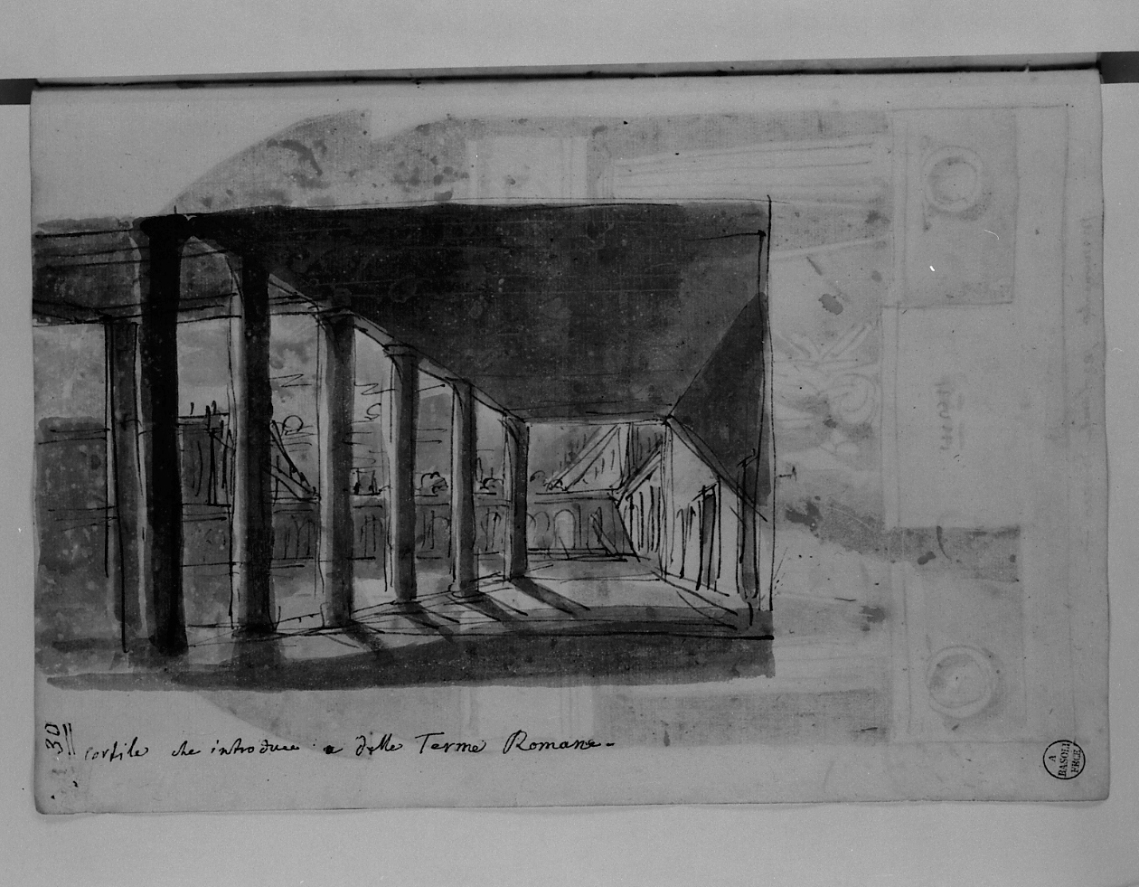 cortile che introduce a delle terme romane, cortile (disegno, elemento d'insieme) di Basoli Antonio (sec. XIX)