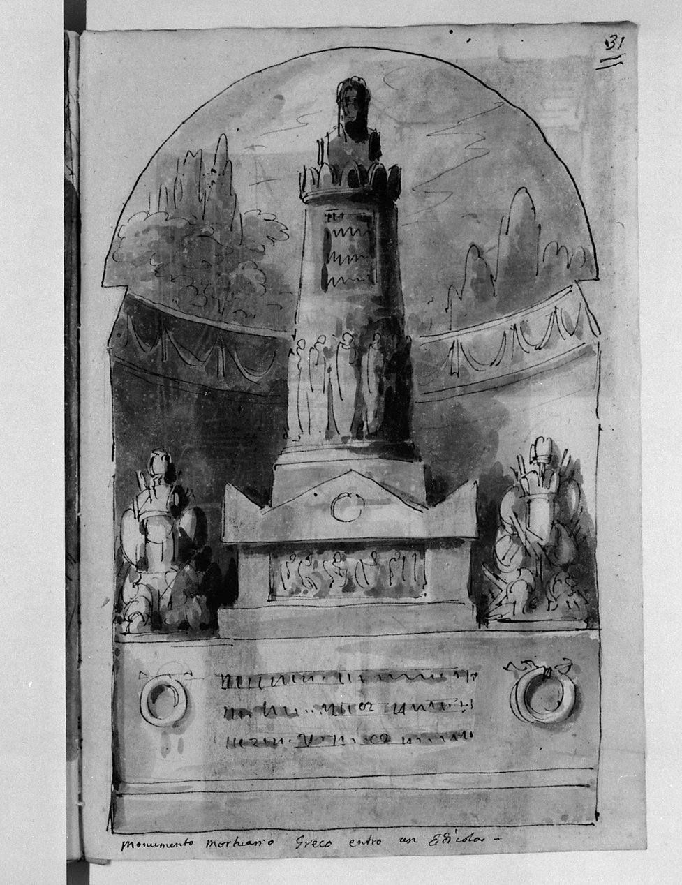 monumento mortuario greco entro un'edicola, monumento sepolcrale (disegno, elemento d'insieme) di Basoli Antonio (sec. XIX)