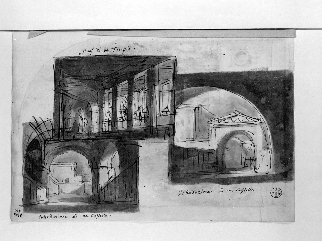 naos di un tempio; introduzione ad un castello, architetture (disegno, elemento d'insieme) di Basoli Antonio (sec. XIX)
