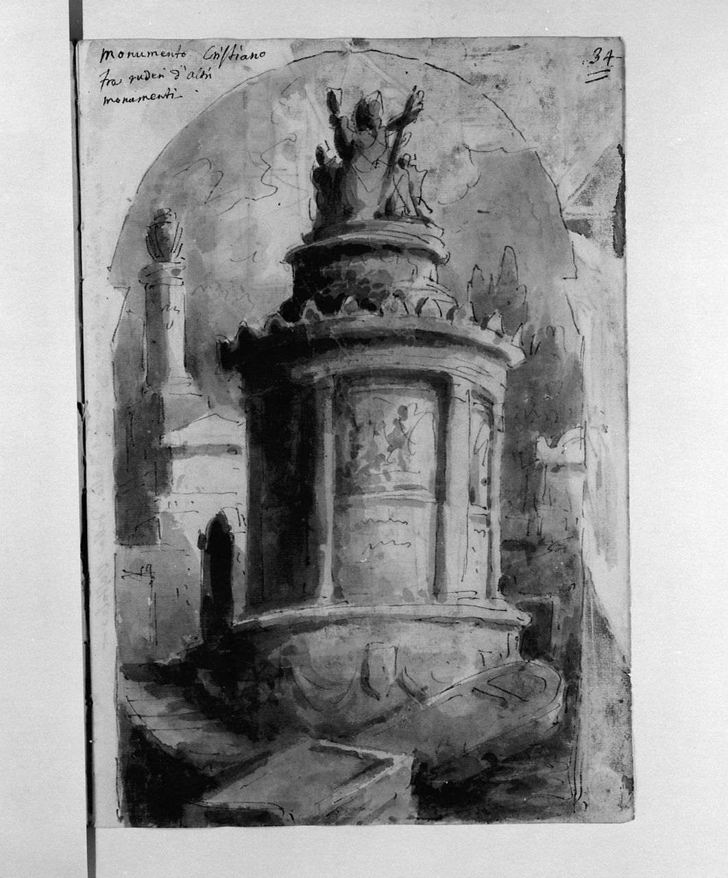 monumento cristiano tra ruderi d'altri monumenti, monumento sepolcrale (disegno, elemento d'insieme) di Basoli Antonio (sec. XIX)