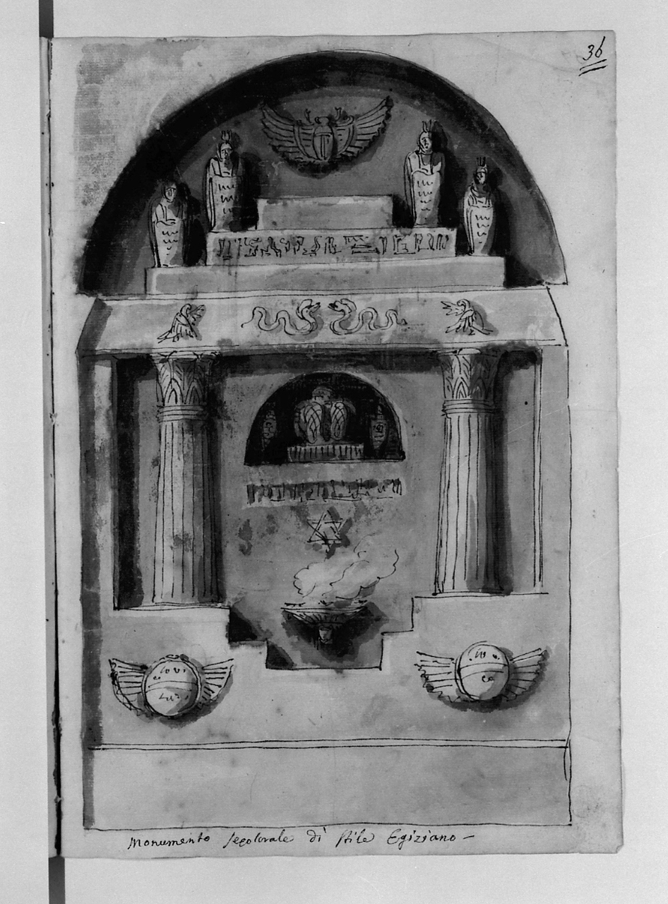 monumento sepolcrale di stile egiziano, monumento sepolcrale (disegno, elemento d'insieme) di Basoli Antonio (sec. XIX)