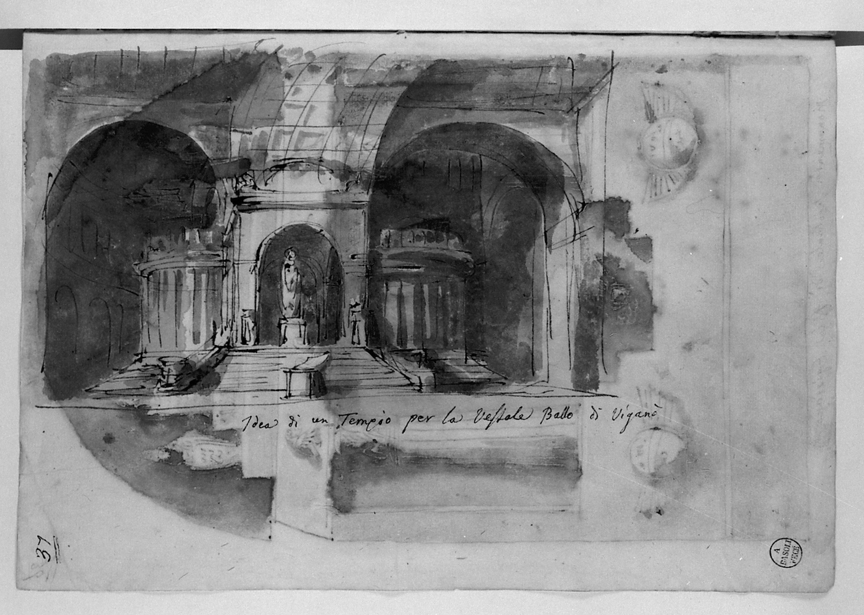idea di un tempio per la Vestale Ballo di Viganò, scena per il ballo la Vestale di Viganò (disegno, elemento d'insieme) di Basoli Antonio (sec. XIX)