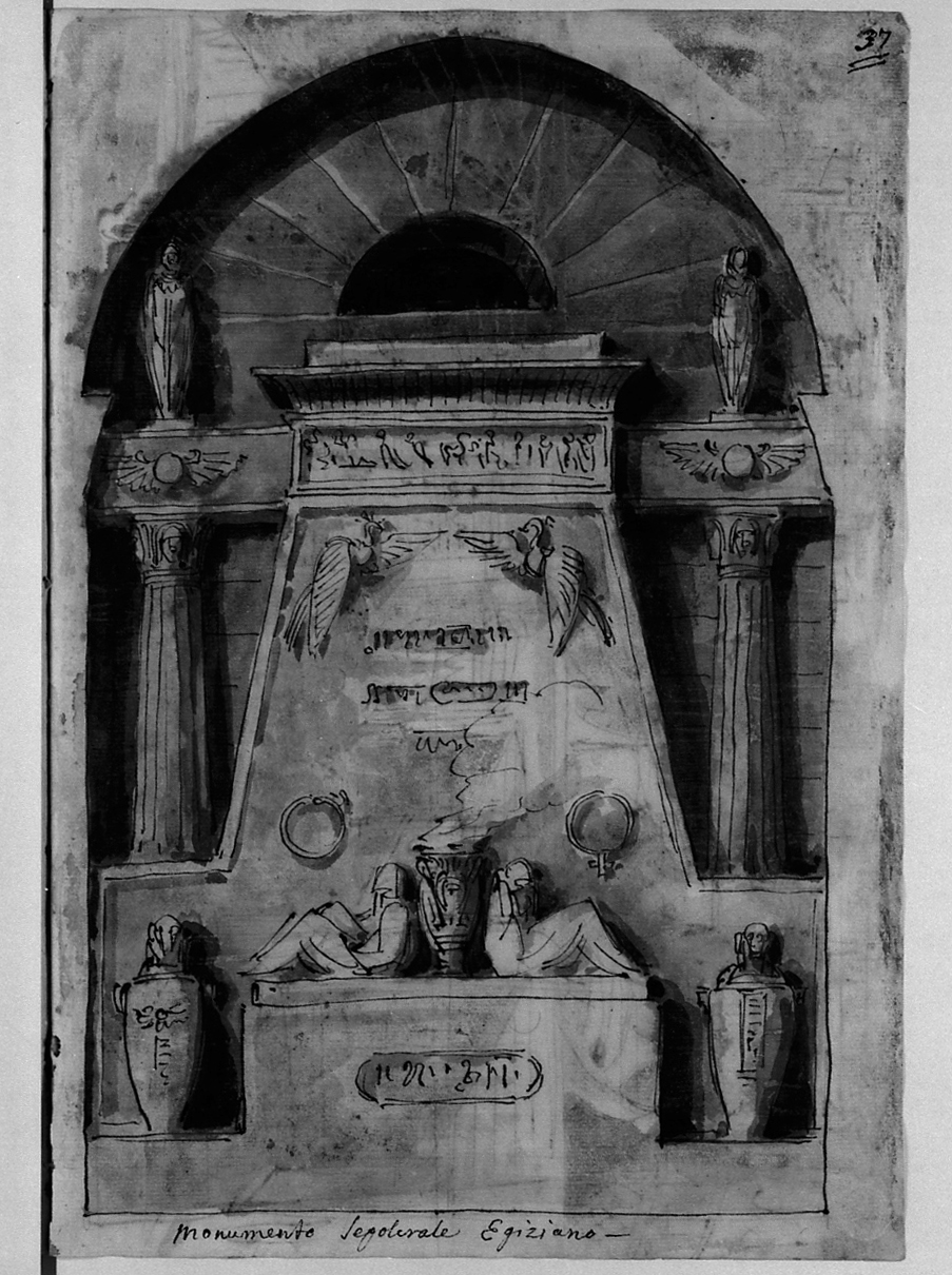 monumento sepolcrale egiziano, monumento sepolcrale (disegno, elemento d'insieme) di Basoli Antonio (sec. XIX)