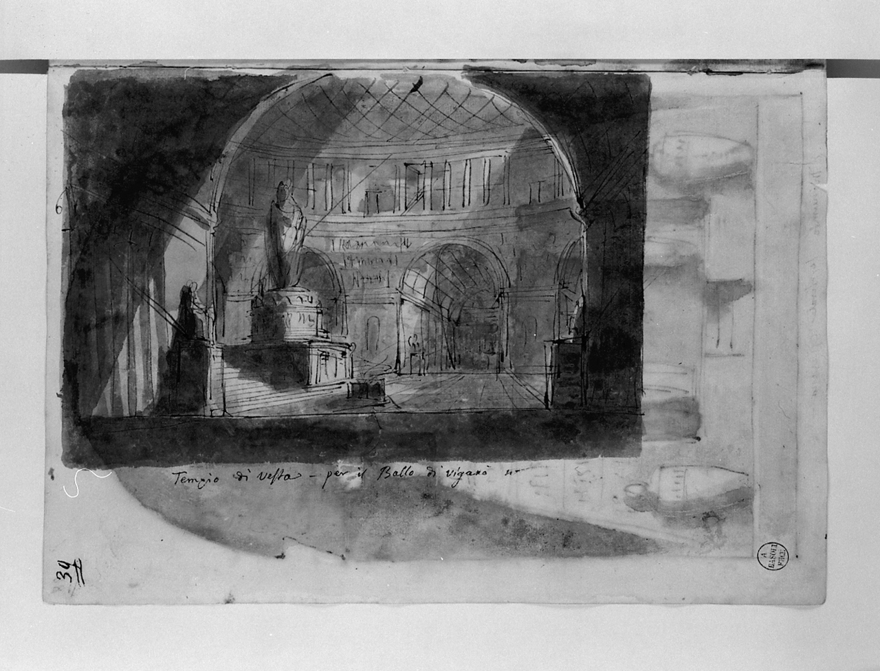 tempio di Vesta per il Ballo di Viganò, scena per il ballo la Vestale di Viganò (disegno, elemento d'insieme) di Basoli Antonio (sec. XIX)