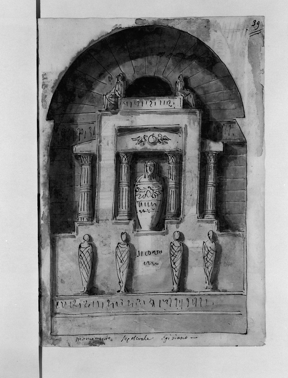 monumento sepolcrale egiziano, monumento sepolcrale (disegno, elemento d'insieme) di Basoli Antonio (sec. XIX)