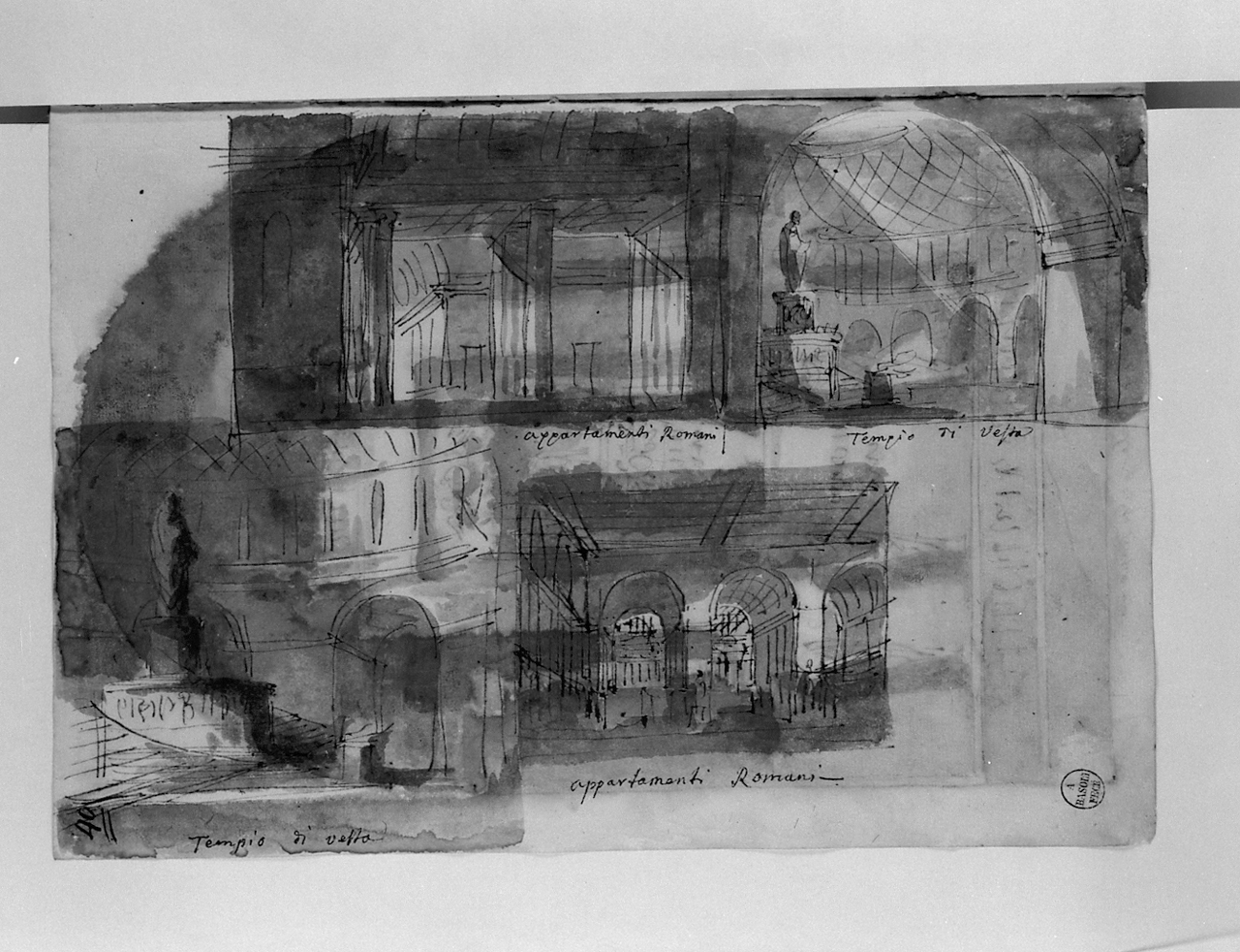 appartamenti romani; tempio di Vesta, architetture (disegno, elemento d'insieme) di Basoli Antonio (sec. XIX)