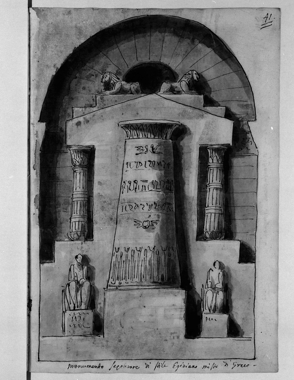 monumento sepolcrale di stile egiziano misto di greco, monumento sepolcrale (disegno, elemento d'insieme) di Basoli Antonio (sec. XIX)
