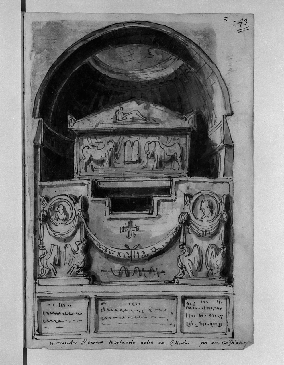 monumento romano mortuario entro un'edicola per un cristiano, monumento sepolcrale (disegno, elemento d'insieme) di Basoli Antonio (sec. XIX)