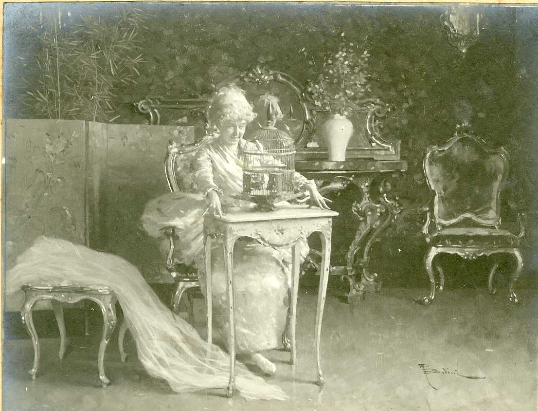 Donna con gabbia - Dipinti (positivo) di Anonimo (XIX/ XX)