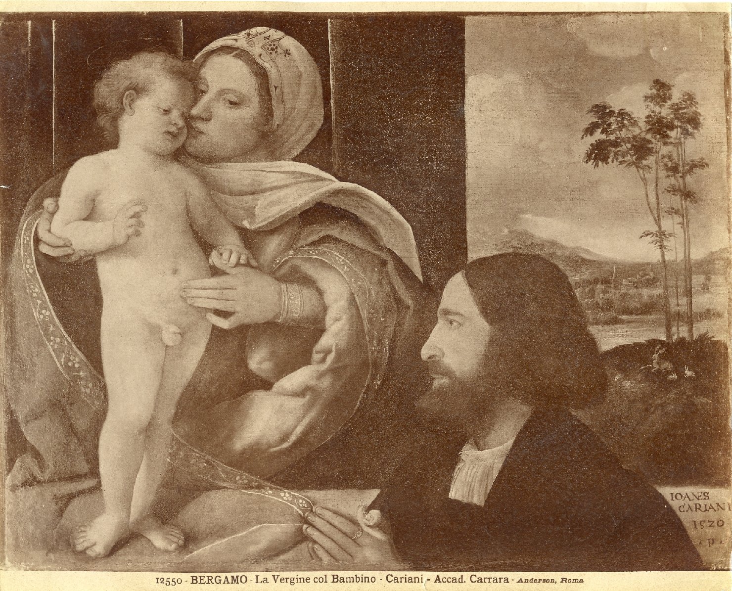 Madonna con Gesù Bambino e un devoto - Dipinti (positivo) di Cariani, Giovanni, Anderson, Domenico (ditta) (XIX/ XX)