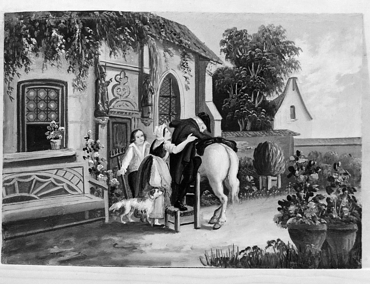famiglia con viandante a cavallo e un cane (dipinto) - ambito Italia centro-settentrionale (sec. XVIII)