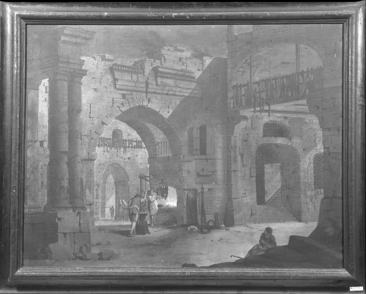 veduta di rovine con officina (dipinto, coppia) di Brizzi Serafino (attribuito) (prima metà sec. XVIII)