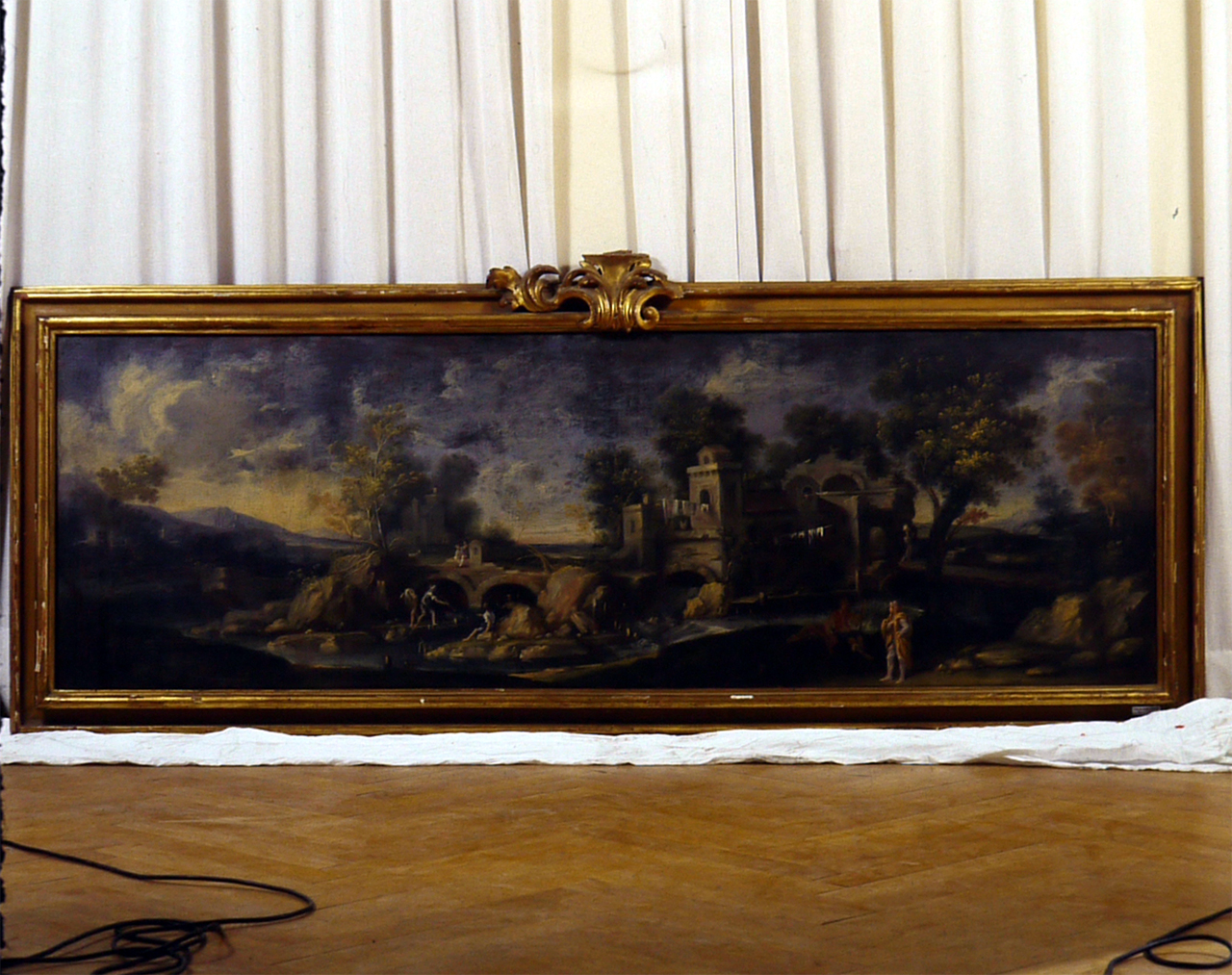 paesaggio con scena di vita sul fiume (dipinto, elemento d'insieme) - ambito bolognese (metà sec. XVIII)