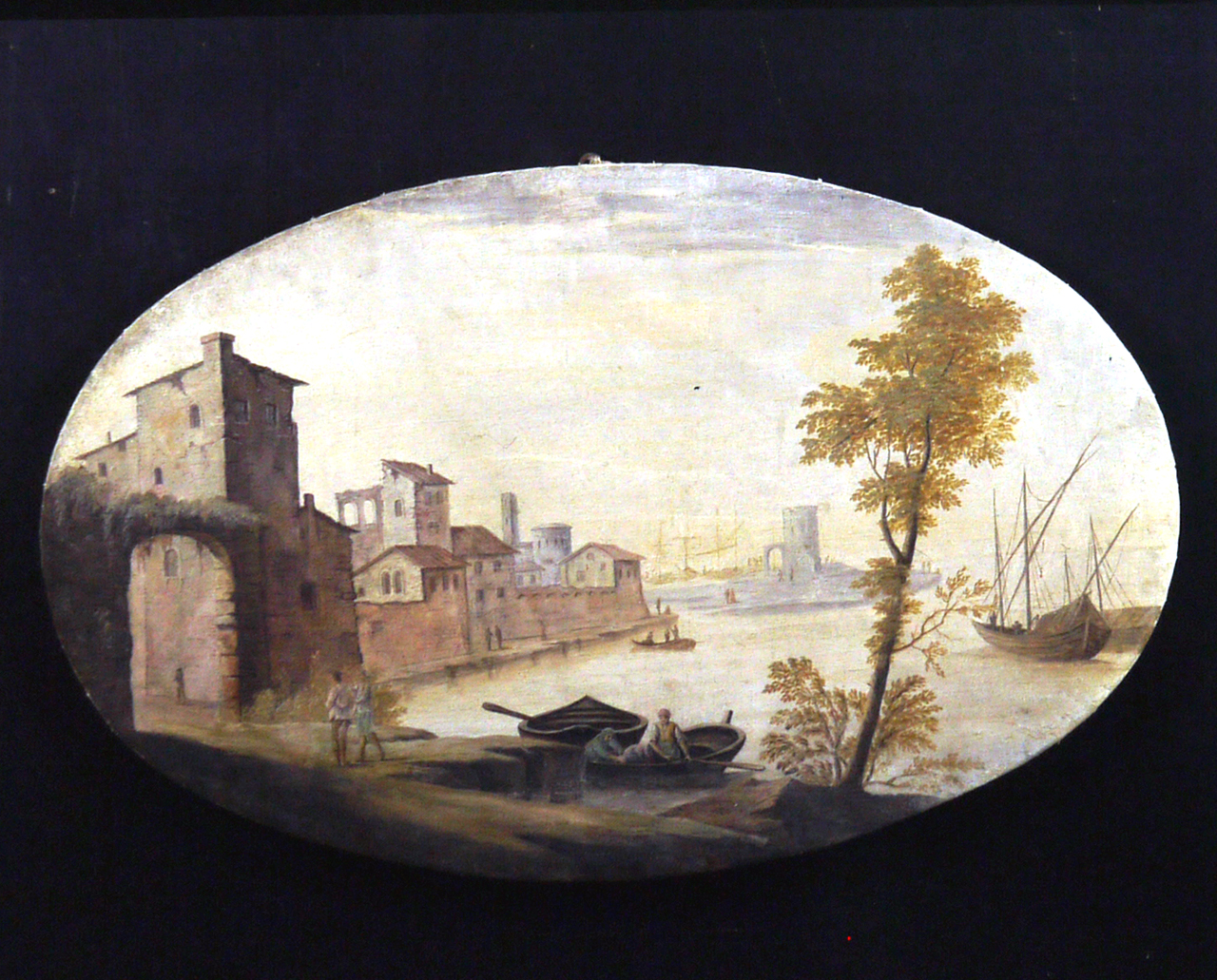 borgo lacustre (dipinto, coppia) - ambito bolognese (metà sec. XVIII)
