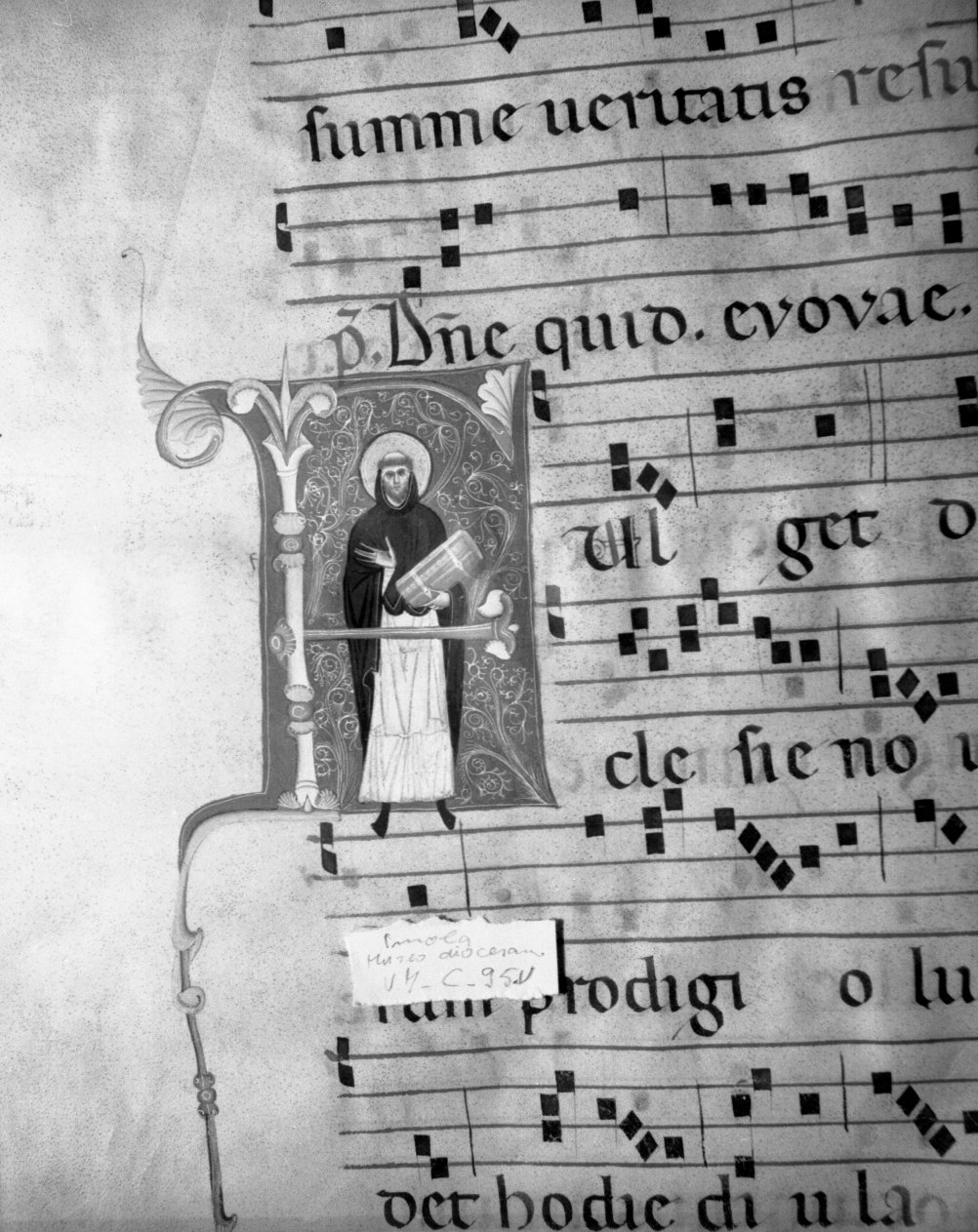 San Domenico benedice/ San Domenico con libro/ lettere (miniatura, insieme) - ambito bolognese (sec. XIII)