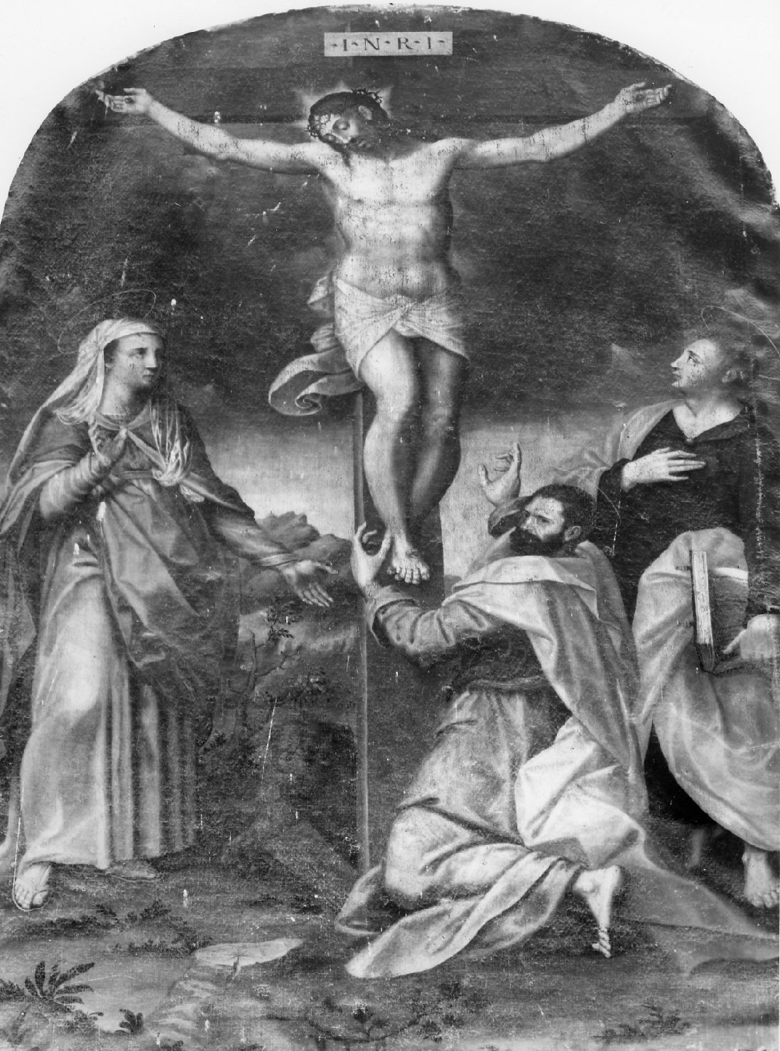 Cristo crocifisso con la Madonna, San Giovanni evangelista e un santo (dipinto) - ambito bolognese (terzo quarto sec. XVI)