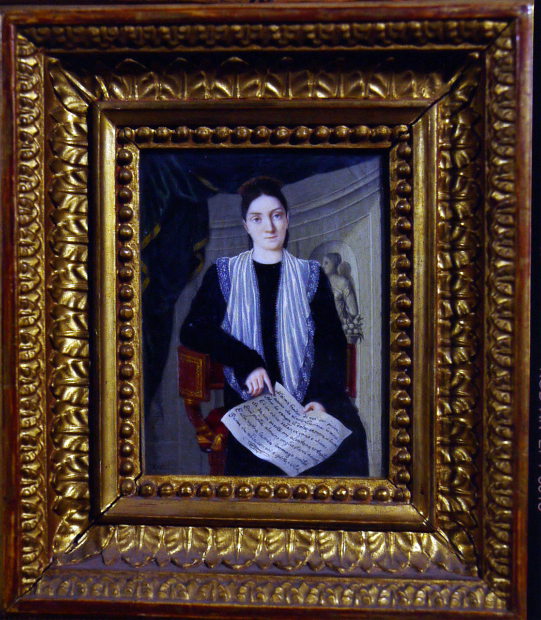 ritratto di giovane donna con cartiglio (dipinto, elemento d'insieme) - ambito bolognese (sec. XIX)