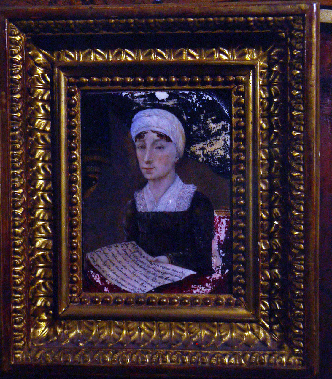 ritratto di donna con cartiglio (dipinto, elemento d'insieme) - ambito bolognese (sec. XIX)