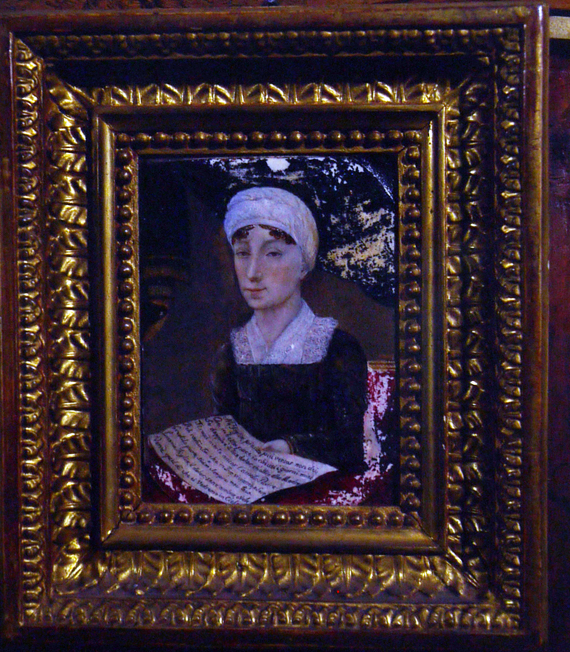 ritratto di donna con cartiglio (dipinto, elemento d'insieme) - ambito bolognese (sec. XIX)