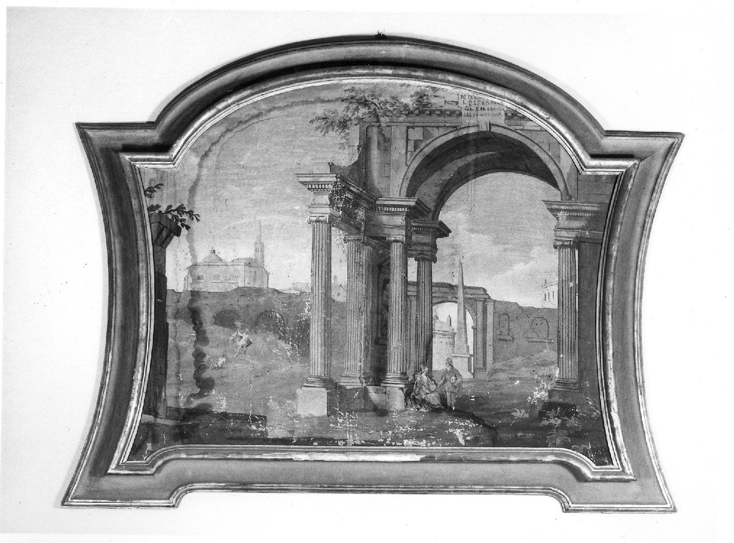 paesaggio con ruderi monumentali e figure (dipinto) - ambito bolognese (sec. XVIII)