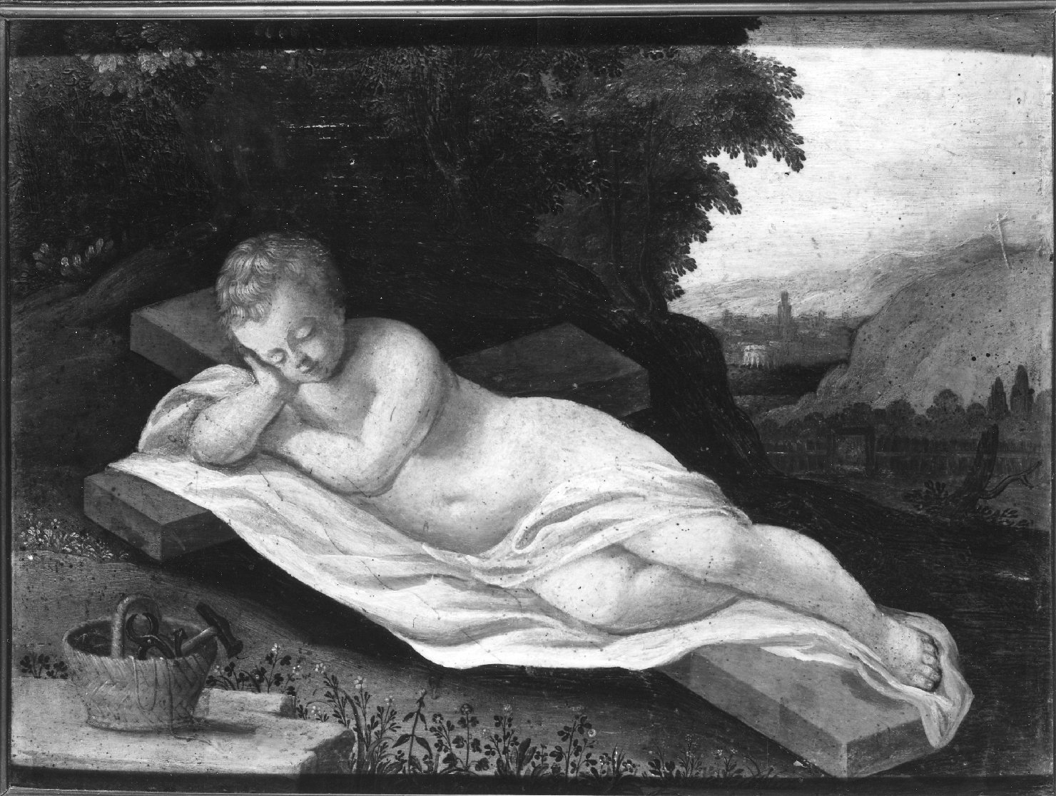 Gesù Bambino dormiente sulla croce/ strumenti della Passione (dipinto) - ambito bolognese (sec. XVII)