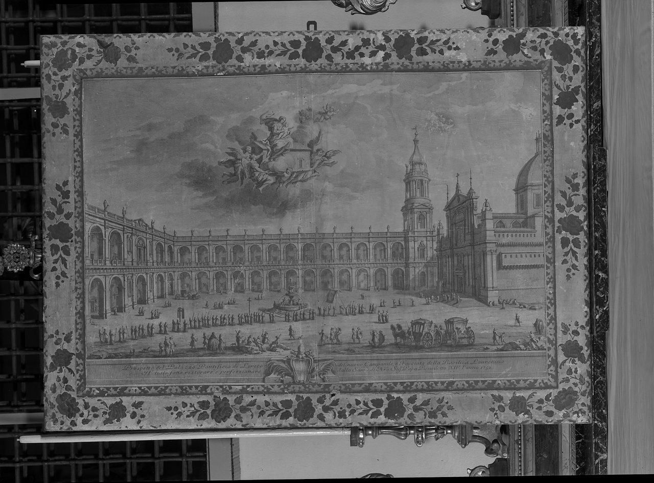 Palazzo pontificio di Loreto e facciata della Basilica Lauretana (decorazione a incisione) di Vasi Giuseppe (seconda metà sec. XVIII)