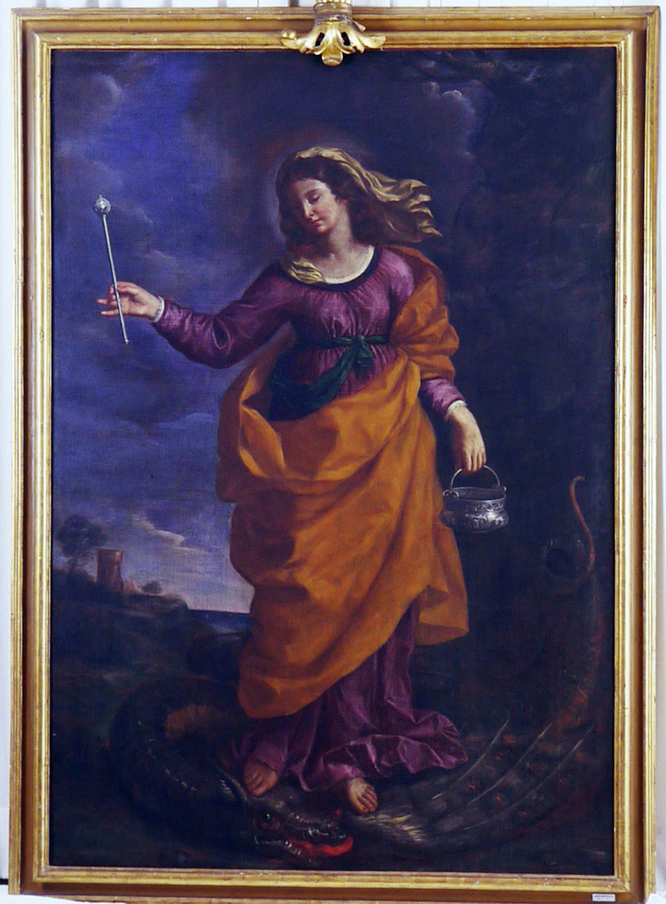 Santa Marta sconfigge il drago di Tarascona aspergendolo con l'acqua Santa (dipinto) di Gennari Cesare (seconda metà sec. XVII)