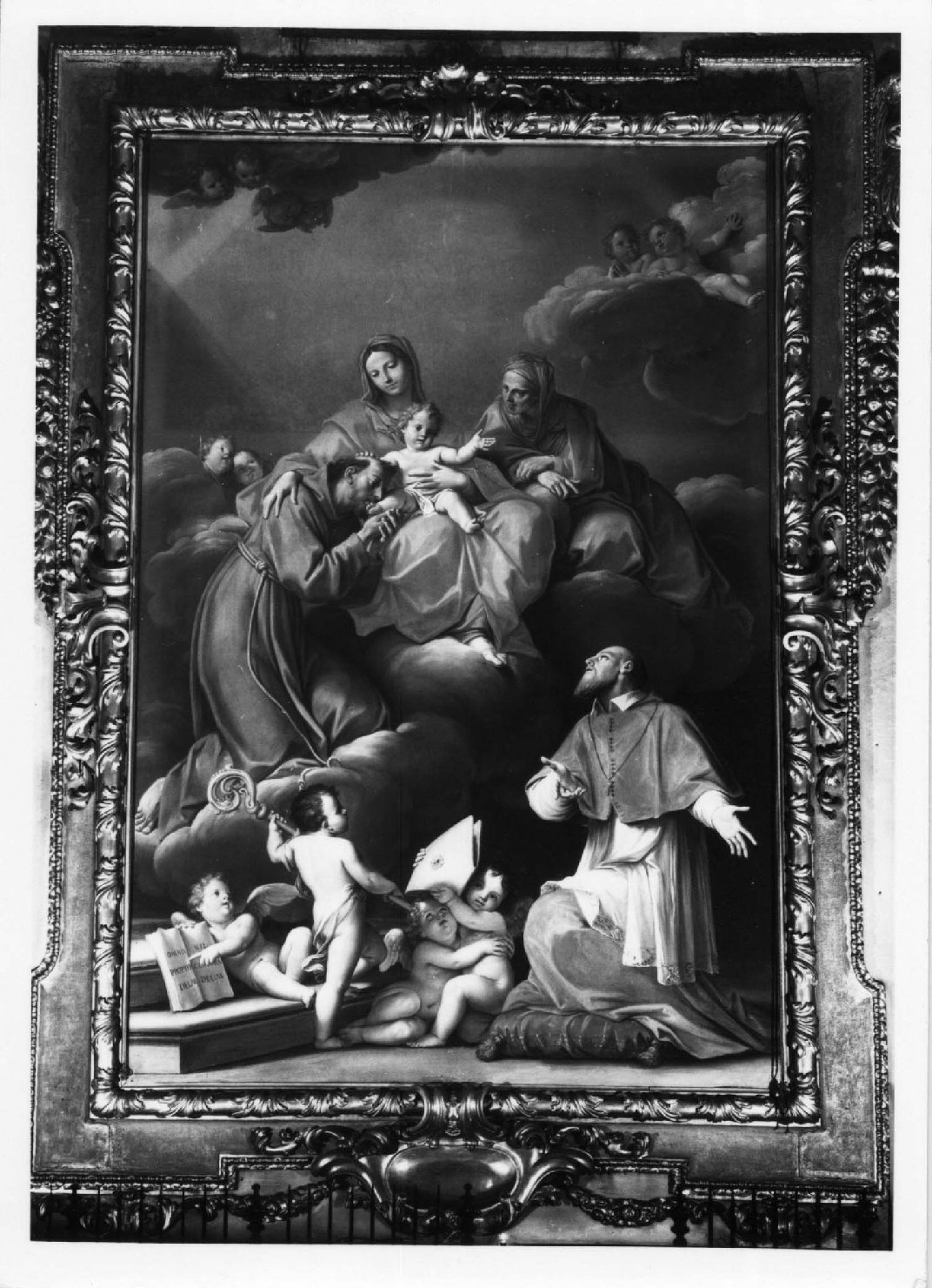 Madonna con Bambino e i santi Anna, Francesco d'Assisi e Francesco di Sales (pala d'altare) di Franceschini Marcantonio (sec. XVII)