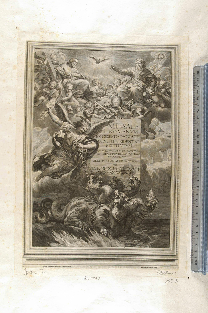 Trinità con l'Arcangelo Michele che vince il drago (stampa smarginata) di Spierre Francoise, Pietro da Cortona (sec. XVII)
