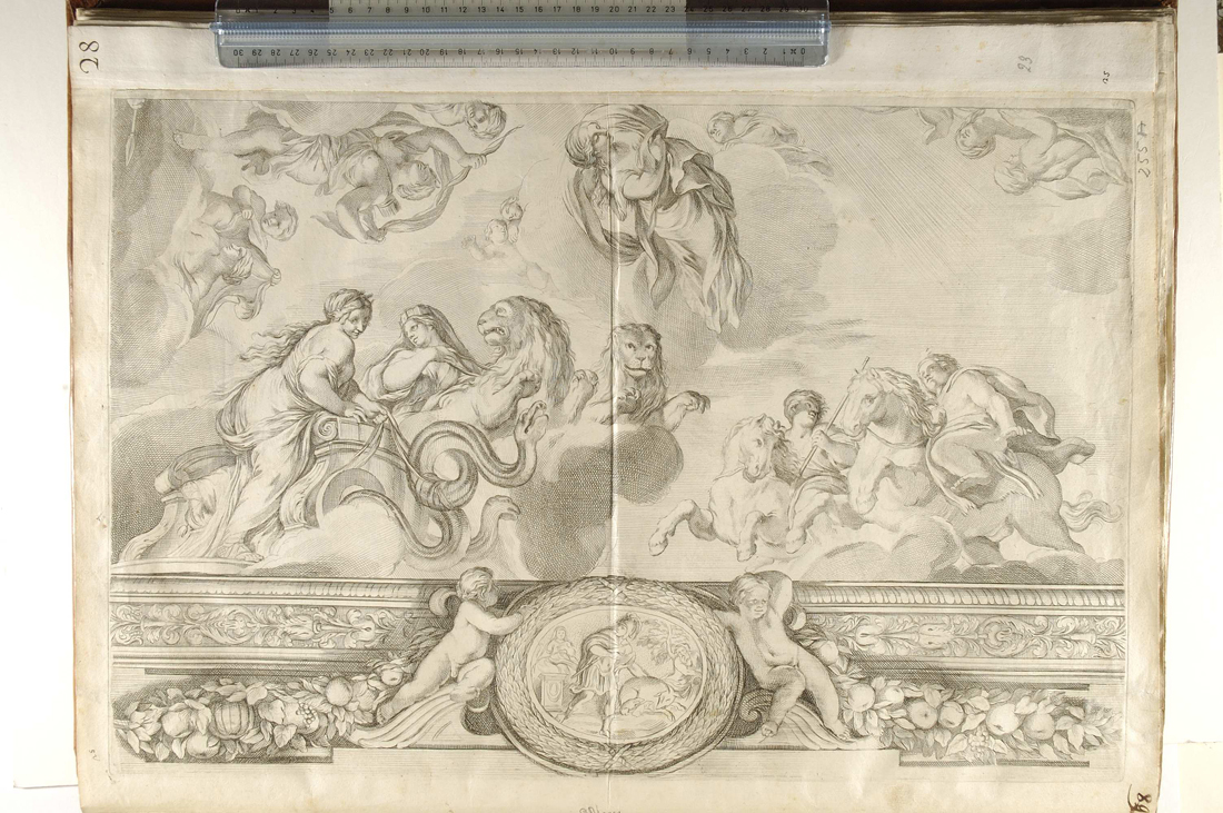 Cerere e Cibele trainate su carri al centro dell'Olimpo; Castore e Polluce; elementi decorativi (stampa) di Audran Gérard, Pietro da Cortona (sec. XVII)