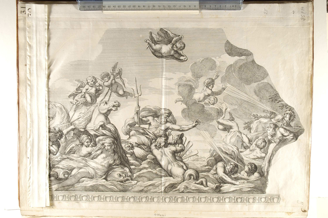 Nettuno placa la tempesta; elementi architettonici (stampa) di Audran Gérard, Pietro da Cortona (sec. XVII)